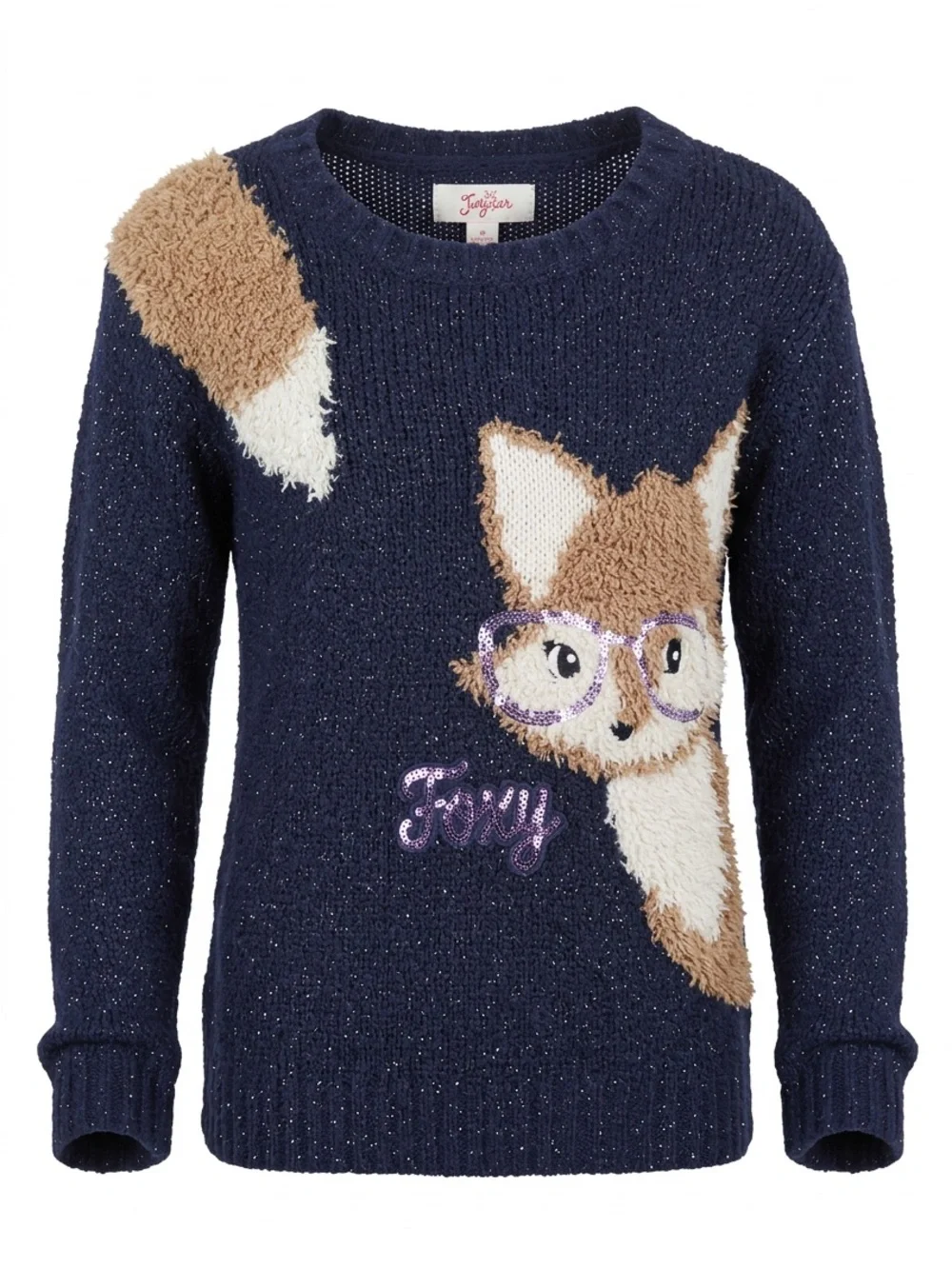 Justice Navy Fox Intarsia Sweater with Tan & White Details